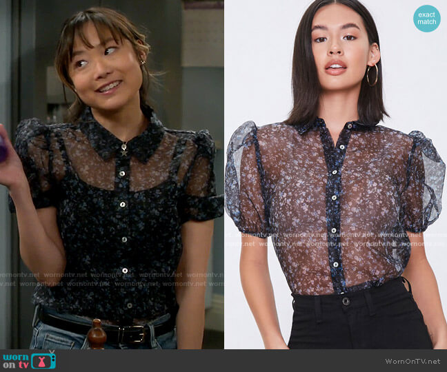 Forever 21 Sheer Floral Print Puff Sleeve Shirt worn by Jen (Krista Marie Yu) on Last Man Standing