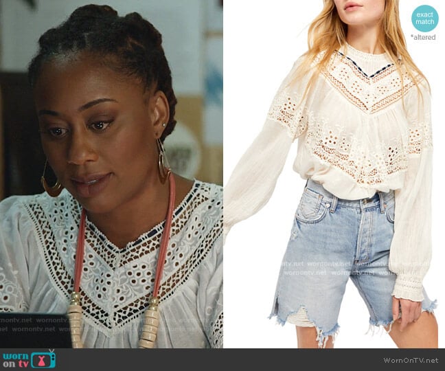 Abigail Victorian Eyelet Lace Blouse by Free People worn by Malika Williams (Zuri Adele) on Good Trouble