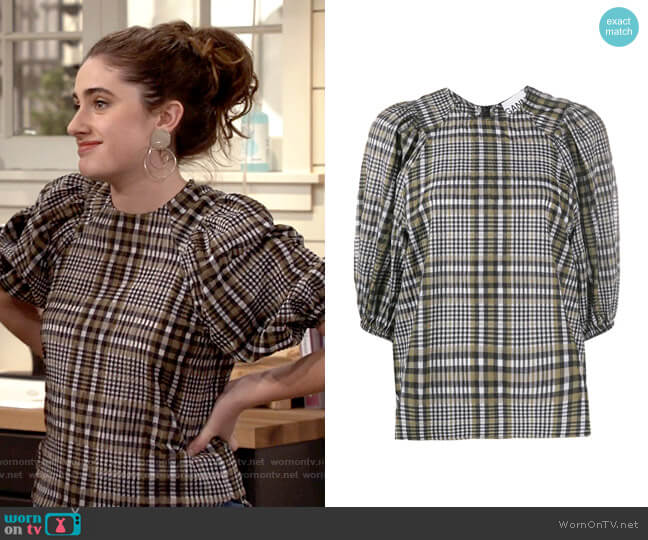 Ganni Check-print seersucker blouse worn by Jackie Raines (Rachel Sennott) on Call Your Mother