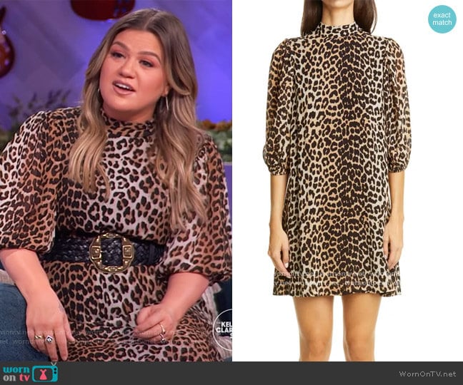 Leopard Print Puff Sleeve Georgette Minidress by Ganni worn by Kelly Clarkson on The Kelly Clarkson Show