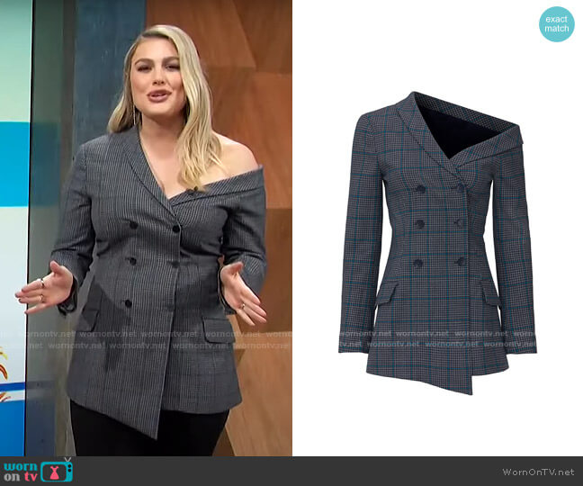 Glen Plaid One Shoulder Jacket by Jonathan Simkhai worn by Carissa Loethen Culiner on E! News