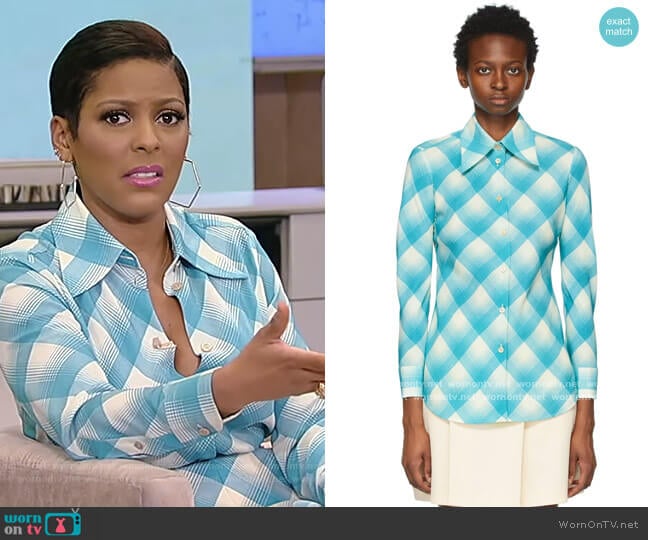 Blue Optical Tartan Skirt by Gucci worn by Tamron Hall on Tamron Hall Show