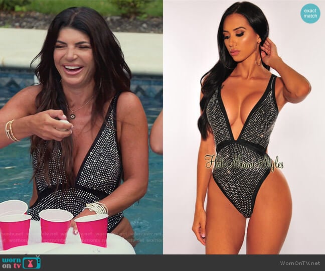 Black Silver Rhinestone Cut Out Swimsuit by Hot Miami Styles Coverup: Manly Coverup by Koi Sydney worn by Teresa Giudice on The Real Housewives of New Jersey