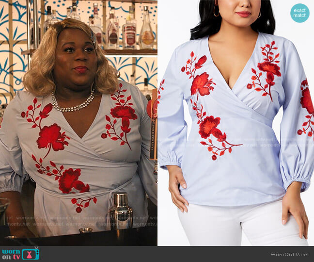 Plus Size Embroidered Wrap Top by INC International Concepts worn by Mo (Alex Newell) on Zoeys Extraordinary Playlist