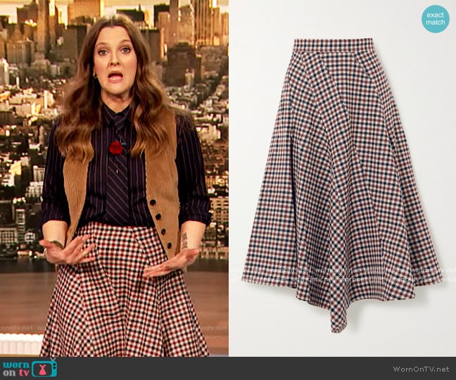 Asymmetric Checked wool midi Skirt by JW Anderson worn by Drew Barrymore on The Drew Barrymore Show