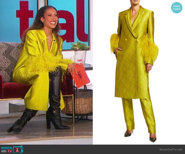 Snake Jacquard Long Coat with Ostrich Feather Cuffs by LaPointe worn by Elaine Welteroth on The Talk