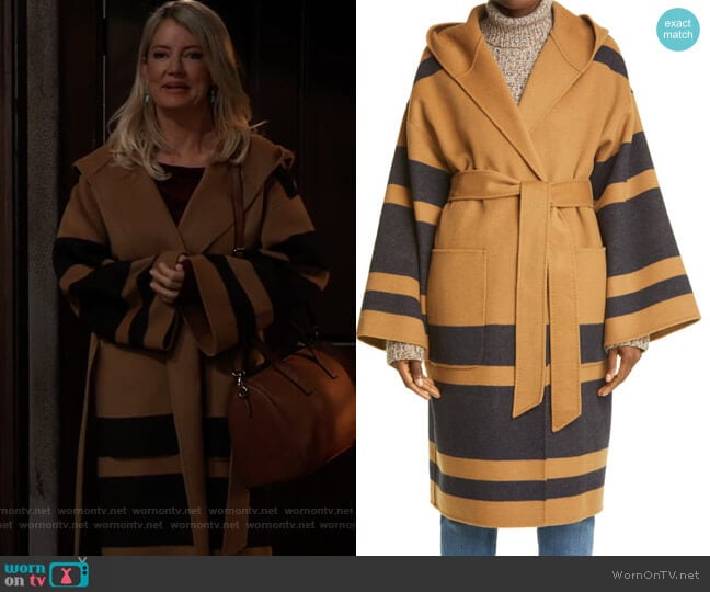 Reversible Belted Hooded Wool Blend Coat by La Ligne worn by Nina Reeves (Cynthia Watros) on General Hospital