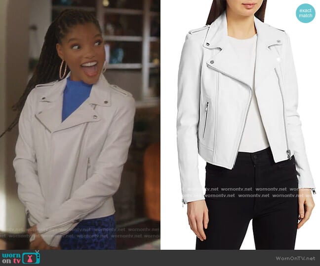 Donna Leather Jacket by Lamarque worn by Skylar Forster (Halle Bailey) on Grown-ish