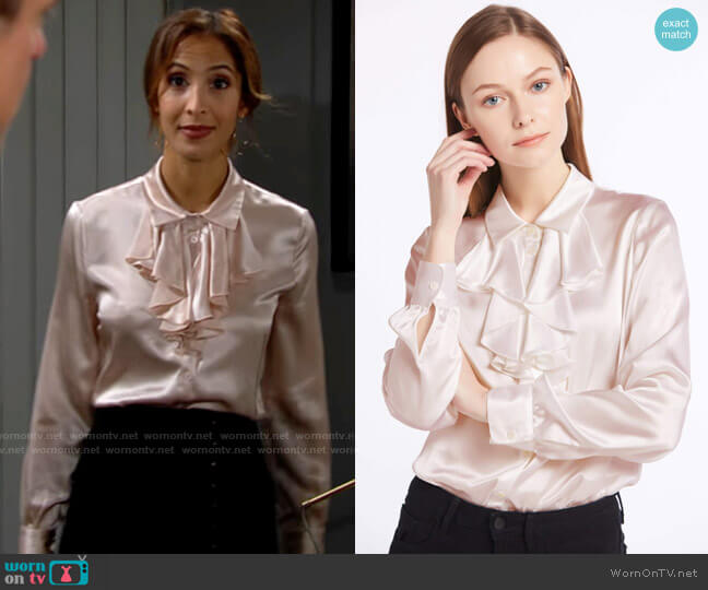 Lily Silk Feminine Cascade Front Silk Shirt worn by Lily Winters (Christel Khalil) on The Young & the Restless
