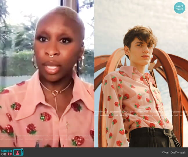 Strawberry Shirt by Lirika Matoshi worn by Cynthia Erivo on The View