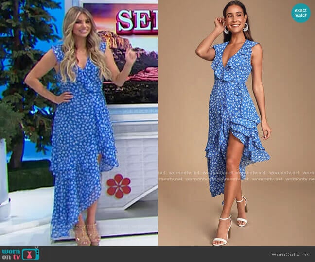Lulus Cornelia Royal Blue Floral Print Ruffled Wrap Midi Dress worn by Amber Lancaster on The Price is Right
