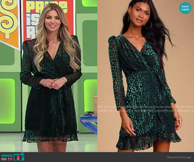 Lulus OPT Ekhi Black and Green Velvet Polka Dot Wrap Dress worn by Amber Lancaster on The Price is Right