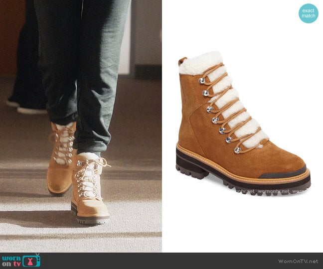 Izzie Genuine Shearling Lace-Up Boot by Marc Fisher worn by Zoey Johnson (Yara Shahidi) on Grown-ish