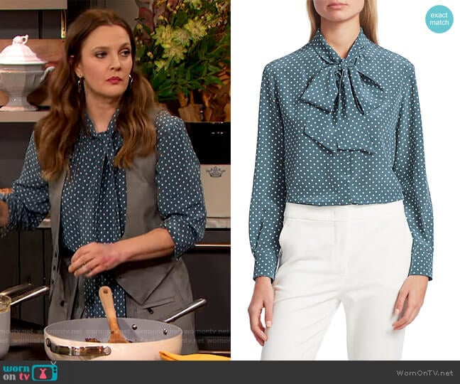 Bali Polka-Dot Silk Tieneck Blouse by Max Mara worn by Drew Barrymore on The Drew Barrymore Show