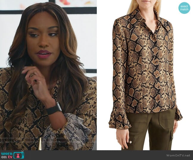 WornOnTV: Rachel’s brown snakeskin print blouse on All Rise | Michelle ...