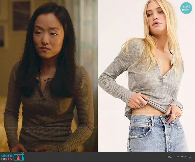 Janet’s grey henley top on Kims Convenience