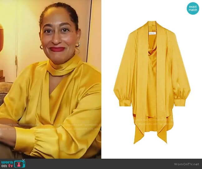 Oscar de la Renta Tie-neck draped satin-crepe blouse worn by Tracee Ellis Ross on CBS This Morning