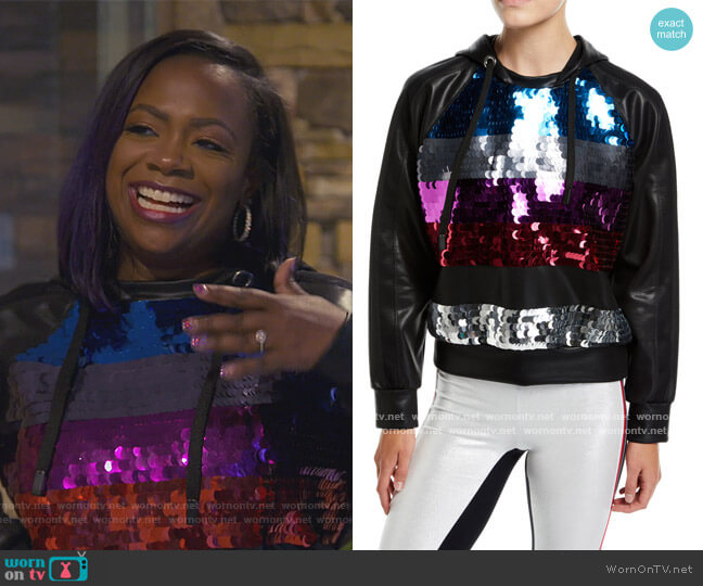 Palale Sequin Faux-Leather Cropped Hoodie by No Ka Oi worn by Kandi Burruss on The Real Housewives of Atlanta