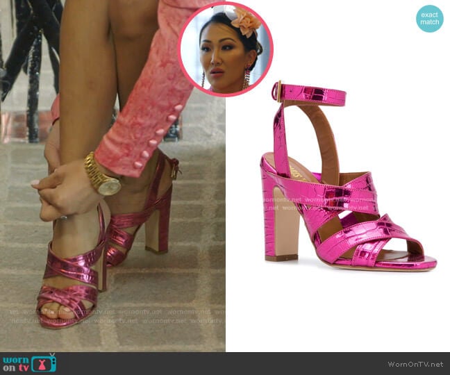 Metallic Cross Strap Sandals by Paris Texas worn by Tiffany Moon on The Real Housewives of Dallas