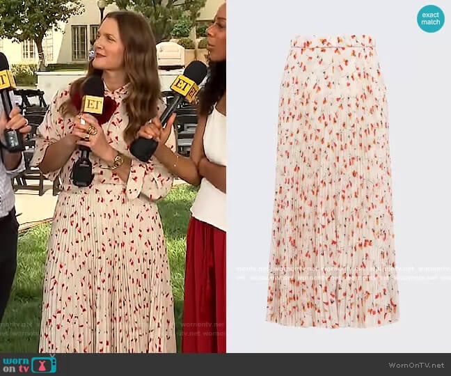 Printed Crepe de Chine Skirt by Prada worn by Drew Barrymore on The Drew Barrymore Show