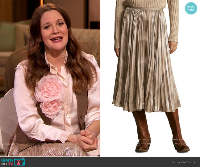 Rese Metallic Plaid Pleated Skirt by Ralph Lauren worn by Drew Barrymore on The Drew Barrymore Show