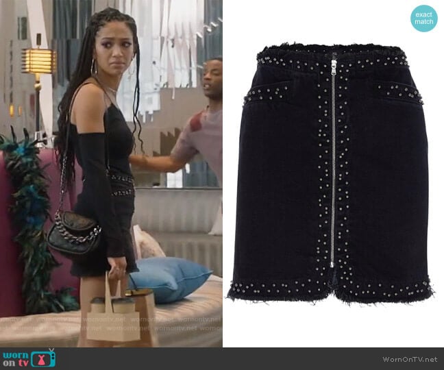 Frayed Studded Zip Front Denim Skirt by River Island worn by Olivia Baker (Samantha Logan) on All American