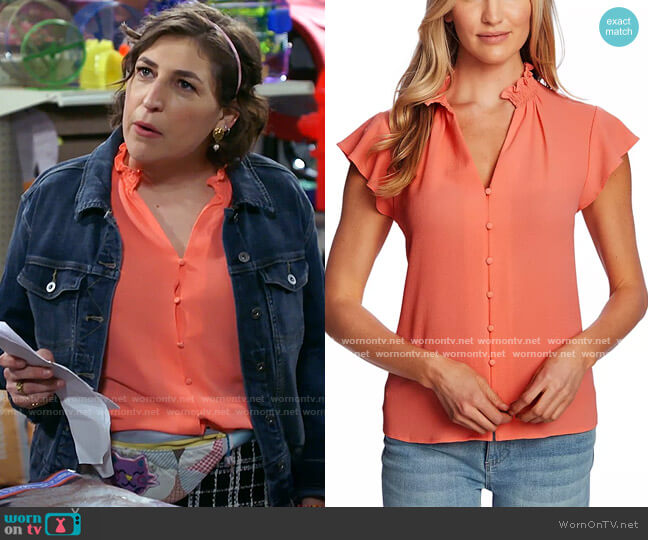 CeCe Smocked Neck Ruffle Sleeve Top worn by Kat Silver (Mayim Bialik) on Call Me Kat