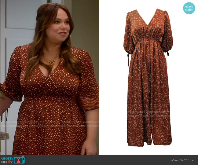 Taylor Dotted Satin Smocked-Waist Maxi Dress worn by Kristin Baxter (Amanda Fuller) on Last Man Standing