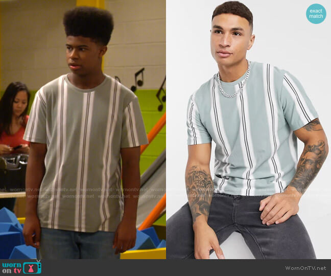 Stripe T-shirt in Sage by Topman worn by Isaiah Crews on Side Hustle worn by Munchy (Isaiah Crews) on Side Hustle