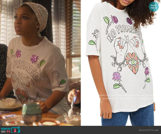 No Promises Sequin Tee by Topshop worn by Jazlyn Forster (Chloe Bailey) on Grown-ish