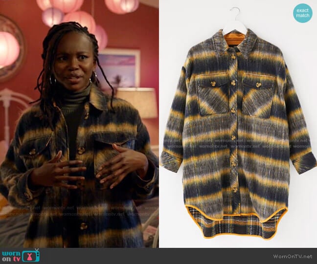 Emelie Plaid Longline Shirt Jacket by Urban Outfitters worn by Jennifer Pierce (Laura Kariuki) on Black Lightning