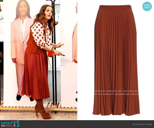 Plisse Silk Midi Skirt by Valentino worn by Drew Barrymore on The Drew Barrymore Show