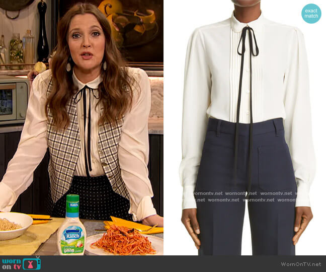 Contrast Tie Silk Tuxedo Blouse by Victoria Beckham worn by Drew Barrymore  on The Drew Barrymore Show
