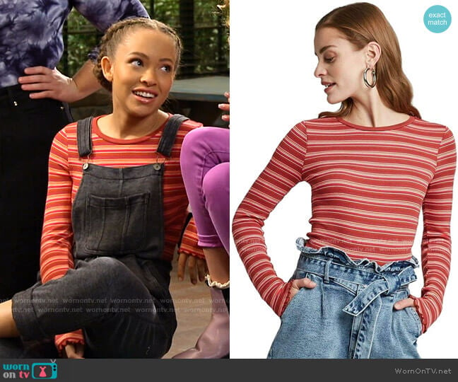 Striped Long Sleeve Crewneck Lettuce Hem Baby T-Shirt by Wild Fable worn by Ava (Shelby Simmons) on Bunkd