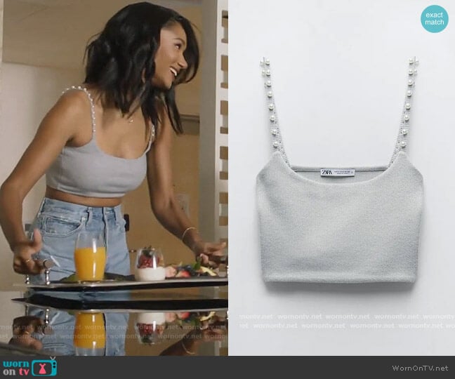 Pearl Trim Crop Top by Zara worn by Layla Keating (Greta Onieogou) on All American