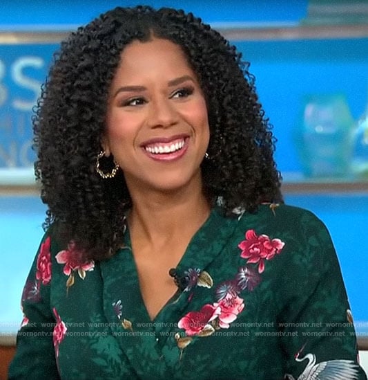 Adriana Diaz’s green floral and bird print wrap blouse on CBS This Morning