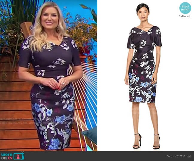 Adrianna Papell Botanical Scuba Draped Sheath worn by Rachel Reynolds on The Price is Right