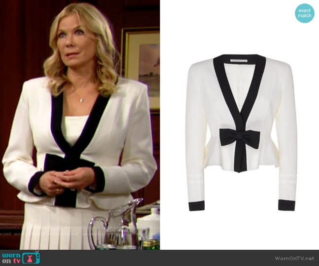 Alessandra Rich Bow-Embellished Two-Tone Peplum Wool Jacket worn by Brooke Logan (Katherine Kelly Lang) on The Bold and the Beautiful