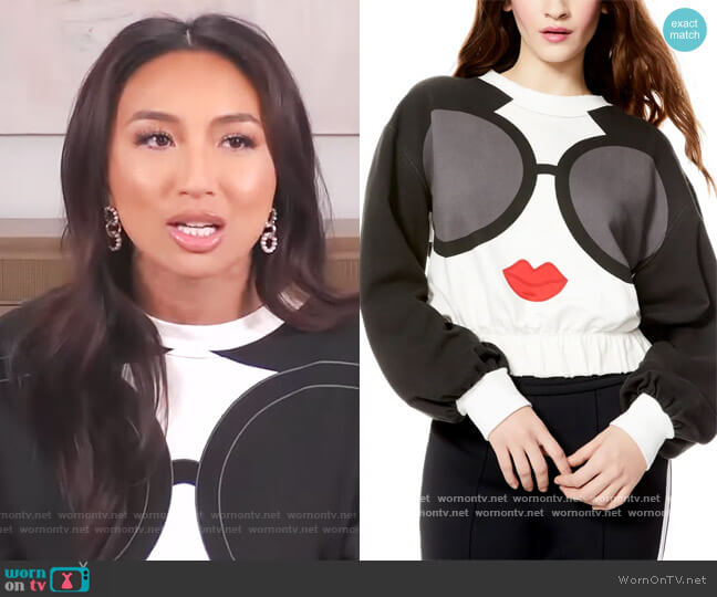 Gaia Graphic Blouson Crop Sweatshirt by Alice + Olivia worn by Jeannie Mai on The Real