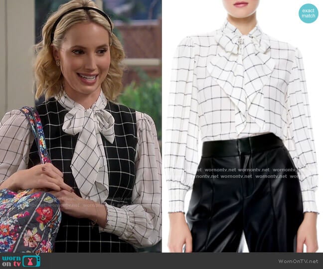 Alice + Olivia Windowpane Check Tie Neck Silk Blouse worn by Mandy Baxter (Molly McCook) on Last Man Standing