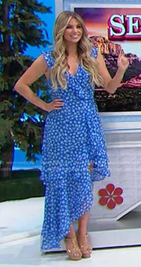 Amber’s blue floral ruffled asymmetric dress on The Price is Right