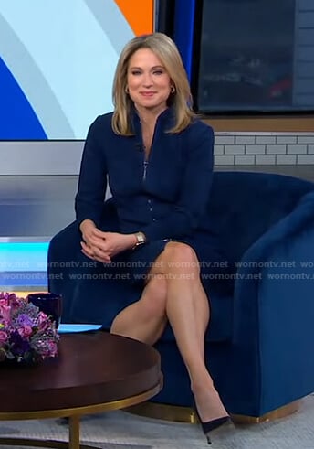 Amy's blue suede zip front dress on Good Morning America