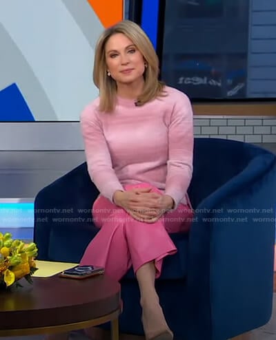 Amy’s pink striped sweater and leather pants on Good Morning America