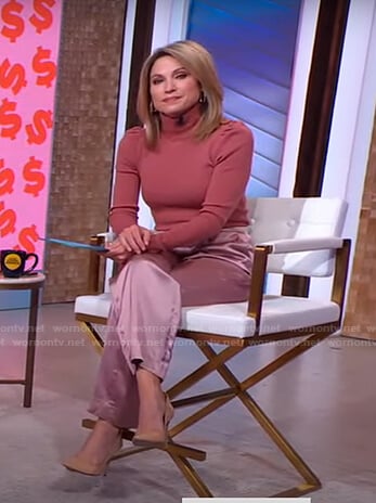 Amy’s pink turtleneck sweater and satin pants on Good Morning America