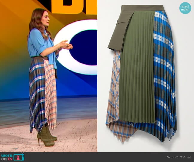 Paneled asymmetric checked twill, crepe and cotton-canvas skirt by Andersson Bell worn by Drew Barrymore on The Drew Barrymore Show