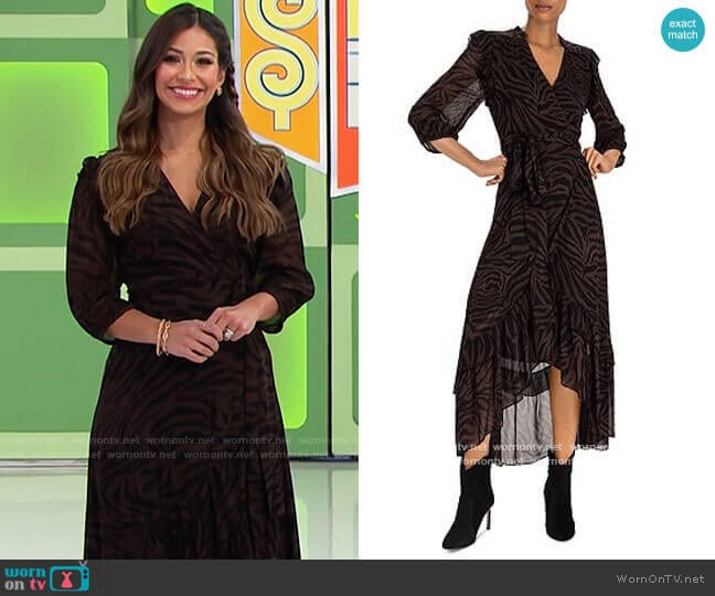 ba&sh Selena Zebra-Stripe Wrap Dress worn by Manuela Arbeláez on The Price is Right