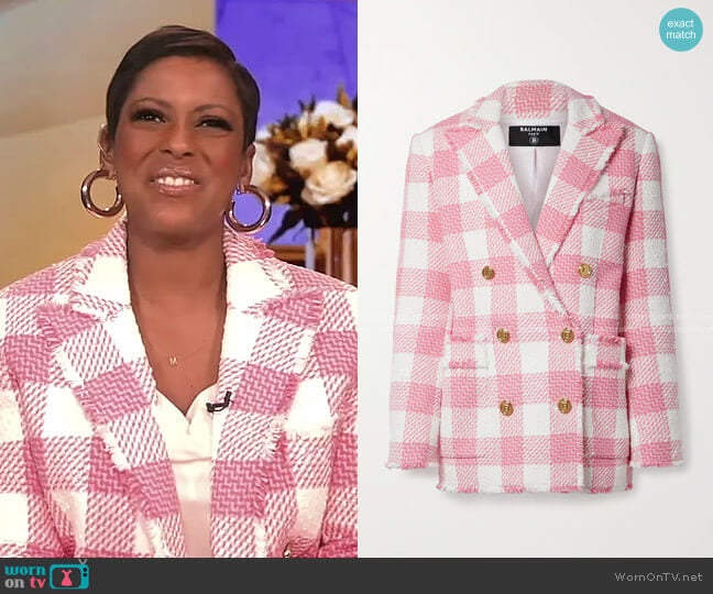 Double-Breasted Fringed Gingham Tweed Blazer by Balmain worn by Tamron Hall on Tamron Hall Show