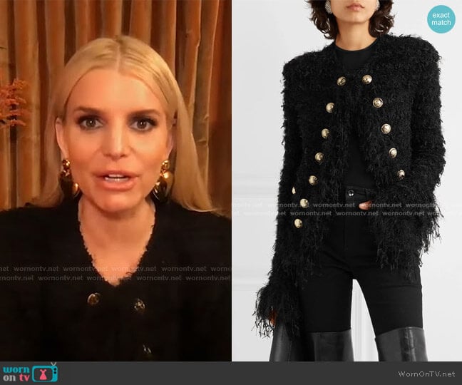 Fringed Tweed Blazer by Balmain worn by Jessica Simpson on Tamron Hall Show