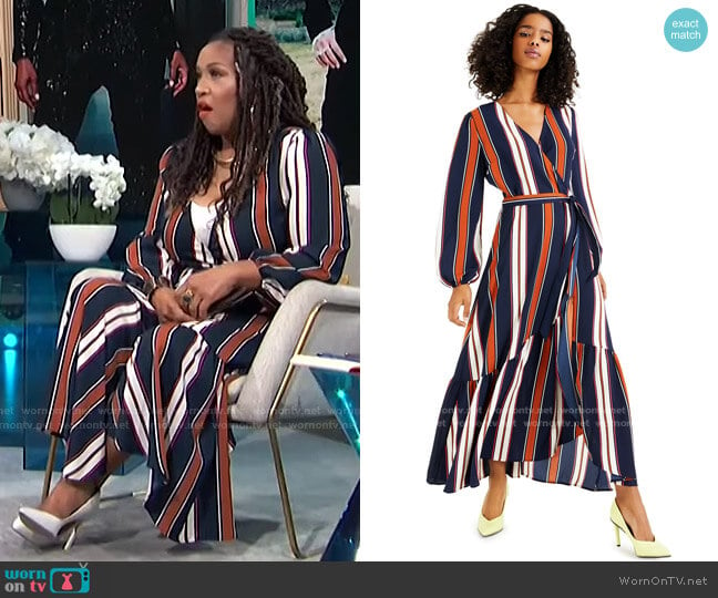 High-Low Striped Maxi Wrap-Dress by Bar III worn by Kym Whitley on E! News