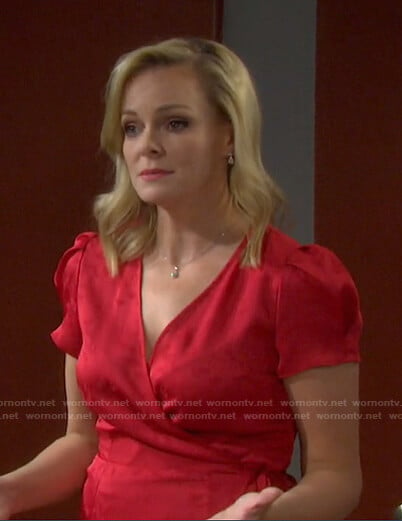 Belle’s red floral wrap dress on Days of our Lives